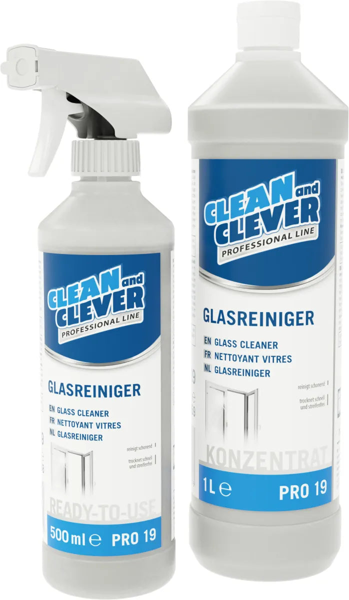 Glasreiniger PRO 19 Clean and Clever, farblos, flüssig, pH: 10 - 10,5, Gebrauchsfertig, Hochkonzentrierter Alkoholreiniger