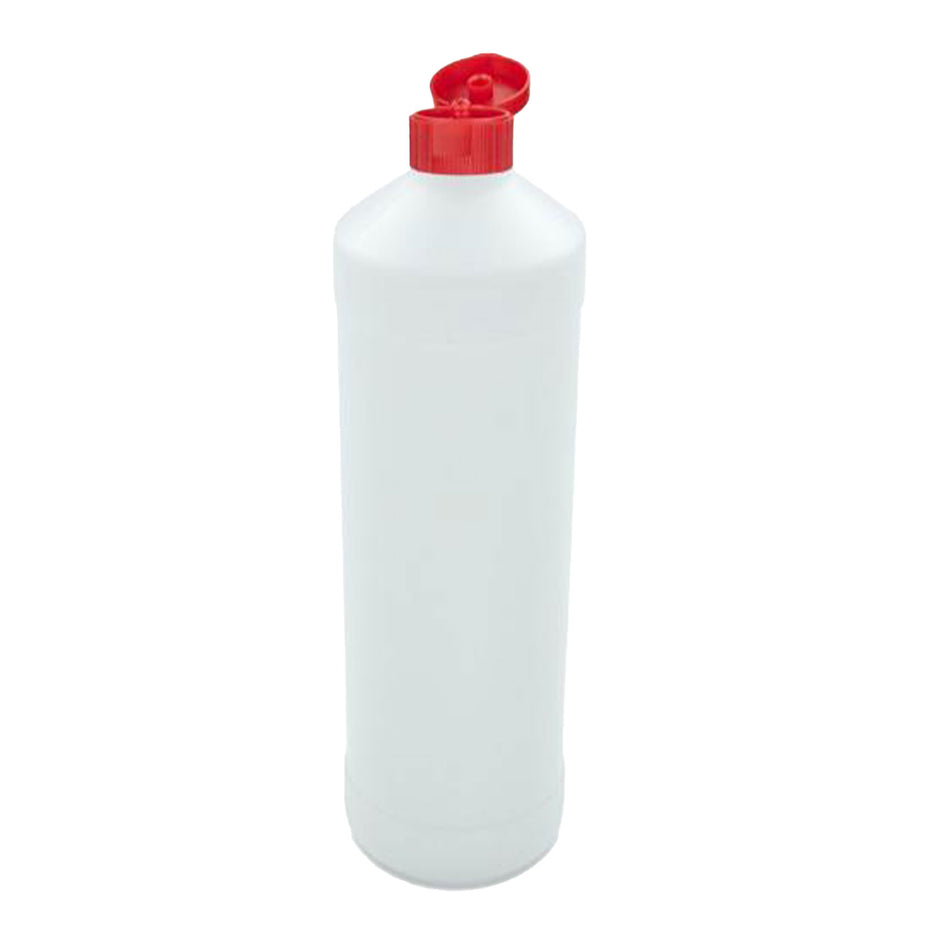 Leere, weiße Rundflasche aus HDPE-Kunststoff mit rotem Klappverschluss und einem Liter Fassungsvolumen, vor einem unscharfen, neutralen Hintergrund.