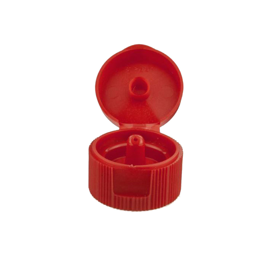 Roter Klappverschluss aus HDPE für Rundflaschen, offen dargestellt, isoliert auf weißem Hintergrund.