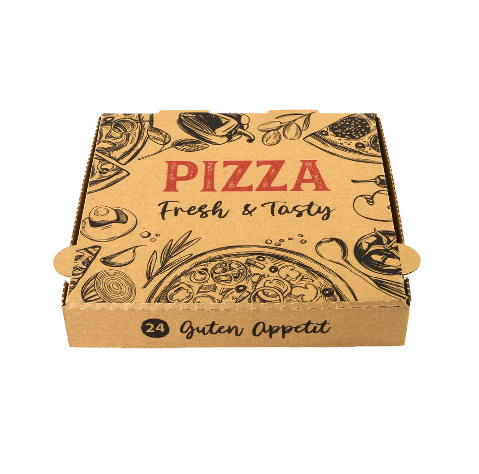 Kraftbrauner Pizzakarton mit stilisierten Pizzamotiven und der Aufschrift 'PIZZA Fresh & Tasty' sowie 'Guten Appetit' auf dem Deckel, isoliert auf weißem Hintergrund.