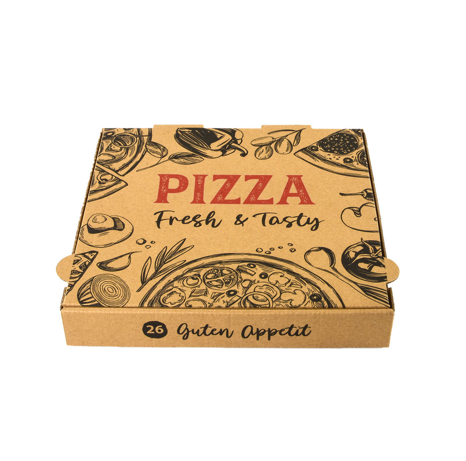 Kraftbrauner Pizzakarton mit künstlerischen Pizzaillustrationen und den Schlagworten 'PIZZA Fresh & Tasty' sowie 'Guten Appetit' auf dem Deckel, isoliert auf weißem Hintergrund.