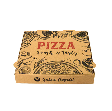 Kraftbrauner Pizzakarton mit künstlerischen Pizzaillustrationen und den Schlagworten 'PIZZA Fresh & Tasty' sowie 'Guten Appetit' auf dem Deckel, isoliert auf weißem Hintergrund.