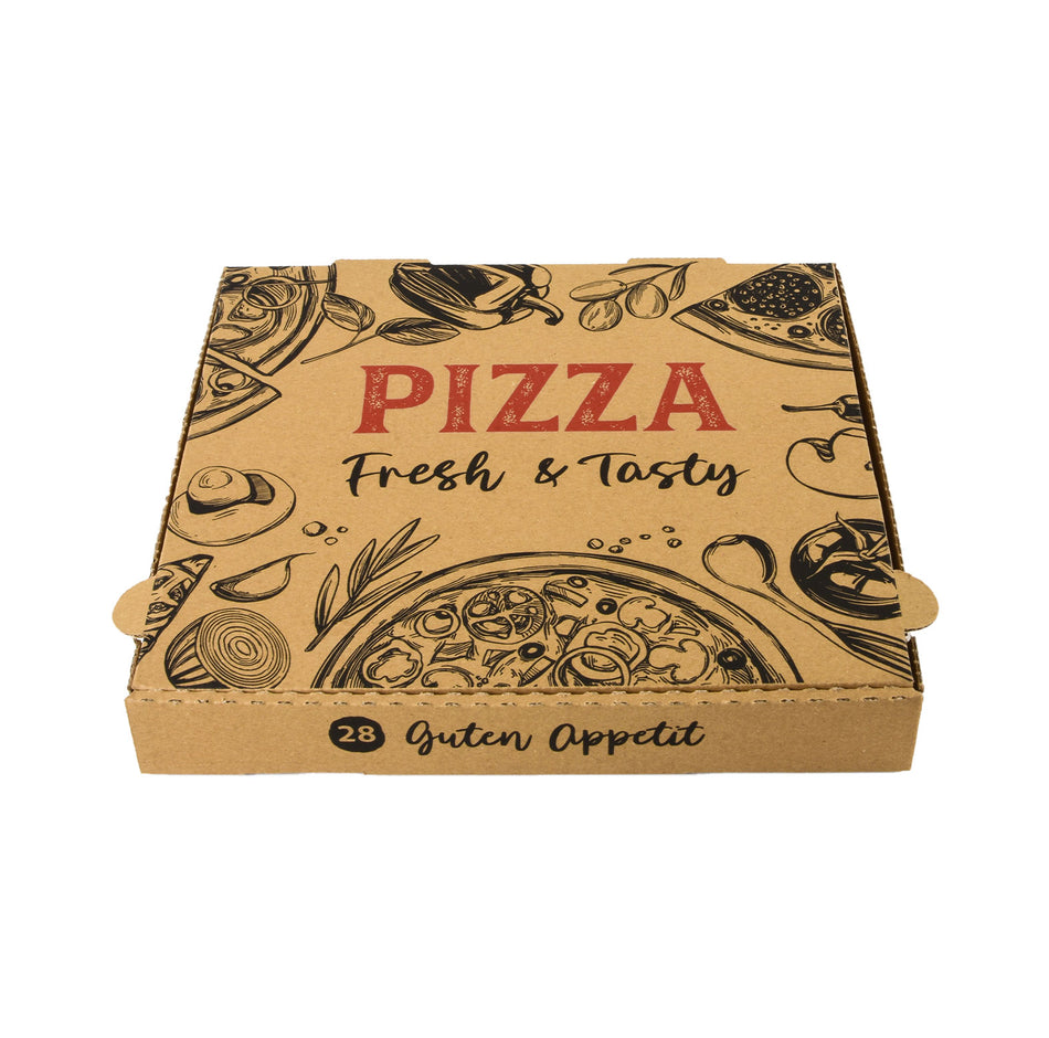 Kraftbrauner Pizzakarton mit aufwendigen Zeichnungen von Pizzazutaten und Schriftzügen 'PIZZA Fresh & Tasty' sowie 'Guten Appetit' auf dem Deckel, isoliert auf weißem Hintergrund.