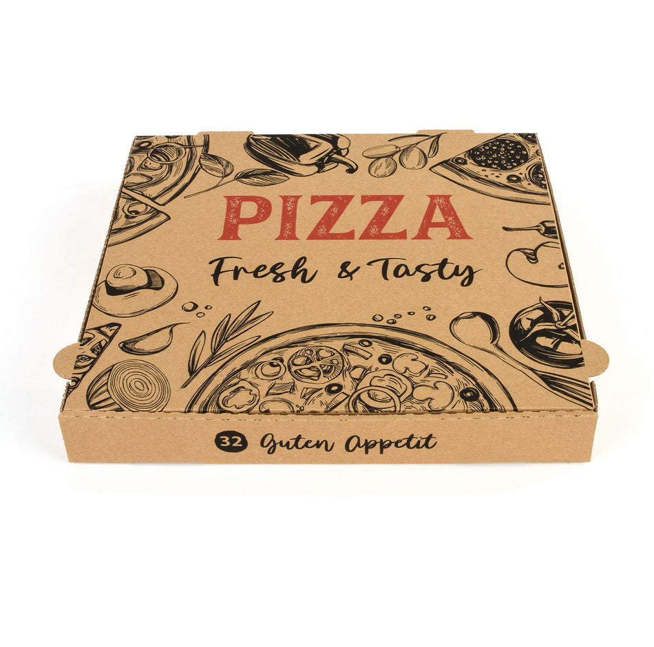 Kraftbrauner Pizzakarton mit stilvoller Pizza-Illustration und den Worten 'PIZZA Fresh & Tasty' und 'Guten Appetit' auf dem Deckel, vor einem weißen Hintergrund.