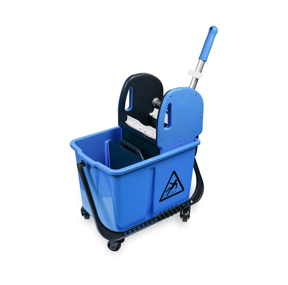 Mobiler Reinigungswagen Mini in Blau mit integrierter Mopp-Presse und dualer Wasserkammer für effizientes Reinigen.