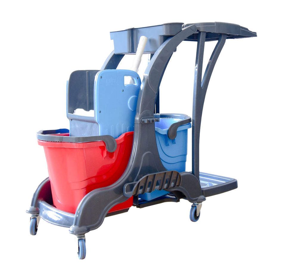 Profi-Reinigungswagen mit rotem und blauem 25-Liter-Eimer, Mopp-Presse, Utensilienbehälter und Müllsackhalter für effizientes Putzen.