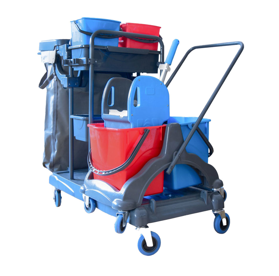 Professioneller Reinigungswagen mit zwei 25-Liter-Eimern in Rot und Blau, Kunststoff-Mopp-Presse, Utensilienbehälter und robusten 360°-drehbaren Rädern mit Stoßschutz.