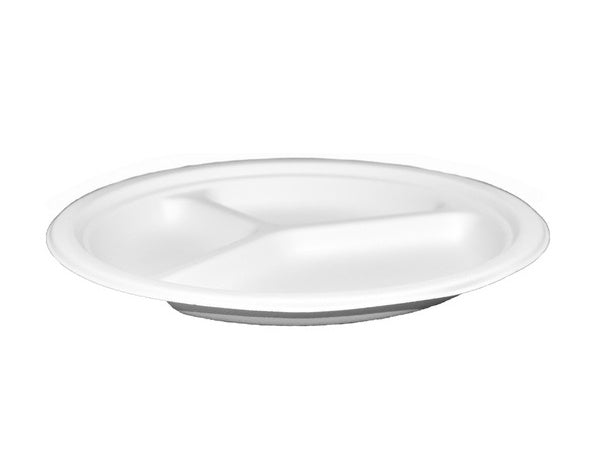Teller Bagasse, weiss, kompostierbar, dreigeteilt, Ø 263 × 25 mm (500 Stück)