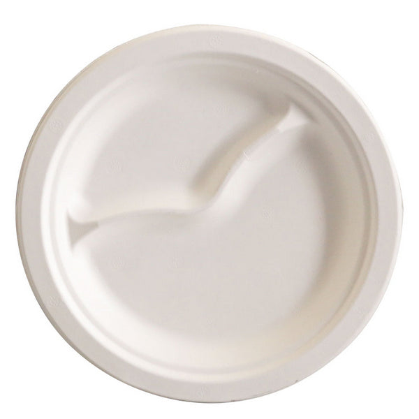 Teller Bagasse, weiss, kompostierbar, zweigeteilt, Ø 229 × 20 mm (1'000 Stück)