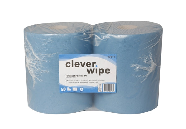 Papierwischtücher Maxi Clever Wipe Zellstoff, 3-lagig, 29 × 36 cm, Rolle à 500 Blatt = 180 m (2 Rollen)
