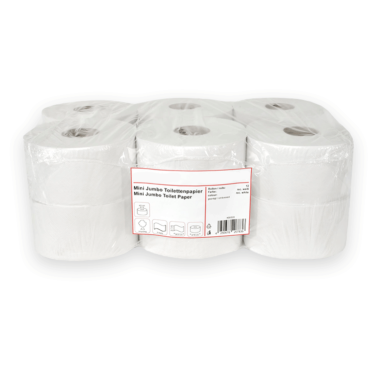Papier toilette mini jumbo, 2 épaisseurs, 100% cellulose blanc brillant, 12 rouleaux, ⌀19 cm