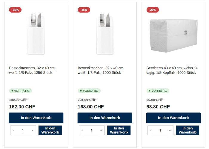Ein Ausschnitt unseres Webshops, auf dem man Produkte mit sensationellen Preisen sieht.