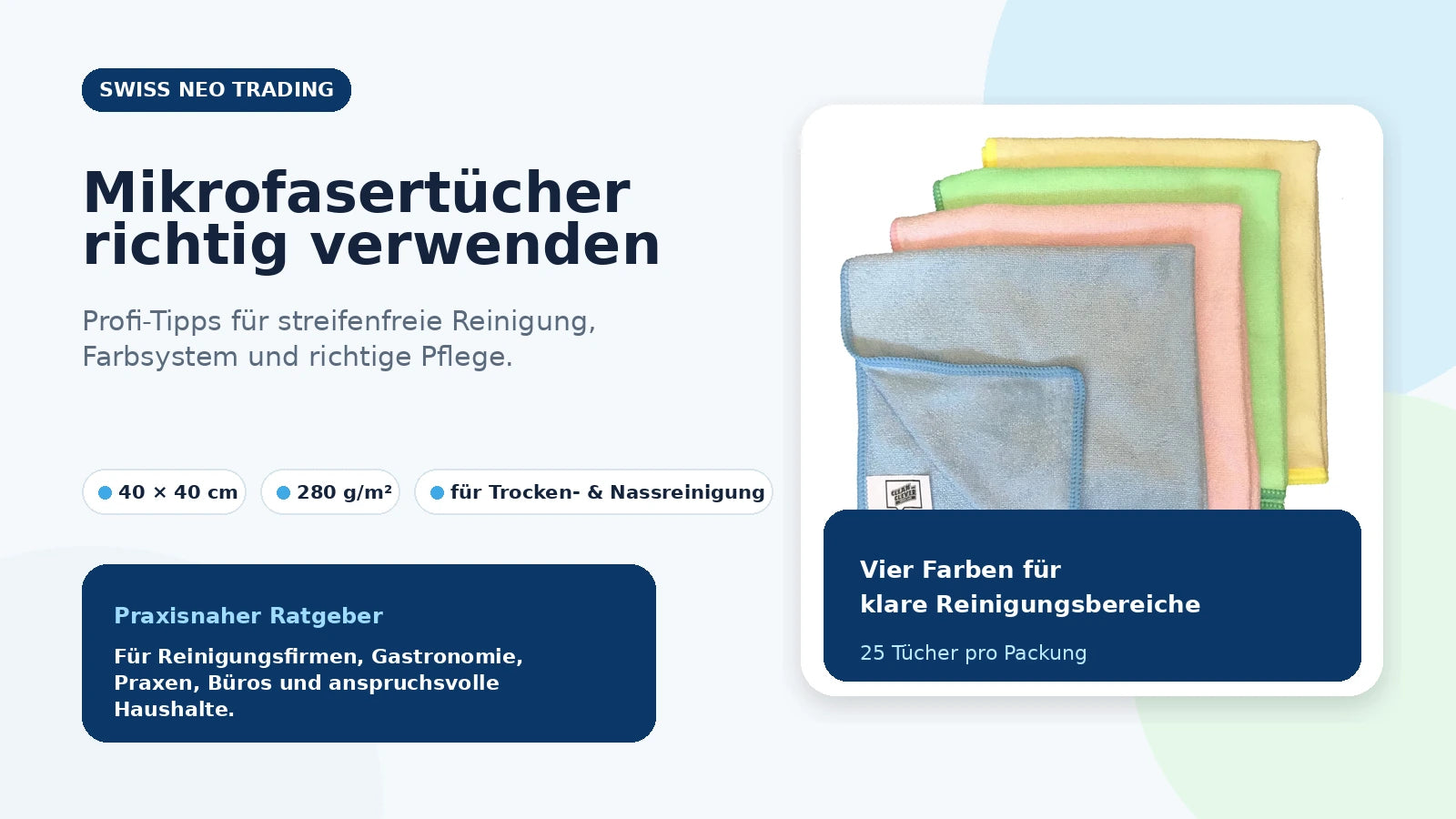 Mikrofasertücher in vier Farben mit Profi-Tipps zu Anwendung, Farbsystem und Pflege