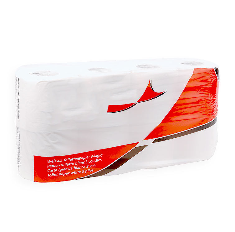 Toilettenpapier 3 lagig, eine Verpackungseinheit mit 8 Rollen à 250 Blatt.